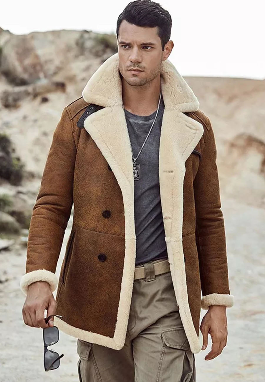 Mens long shearling outlet leather coat