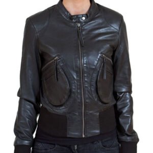 Womens Black Leather Bomber Jacket